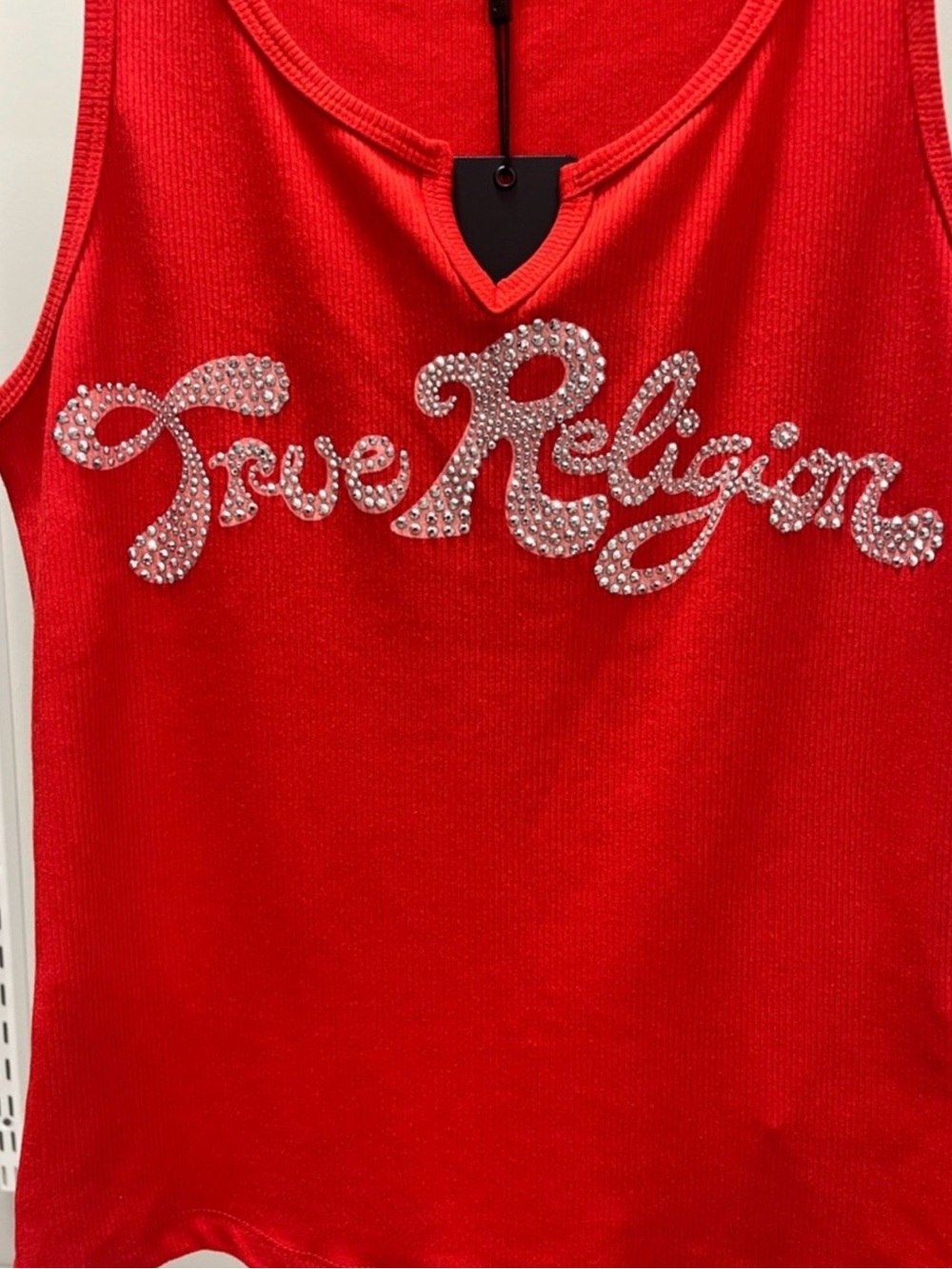 True Religion Red Tank with Rhinestone Script Logo - Picture 2 of 5